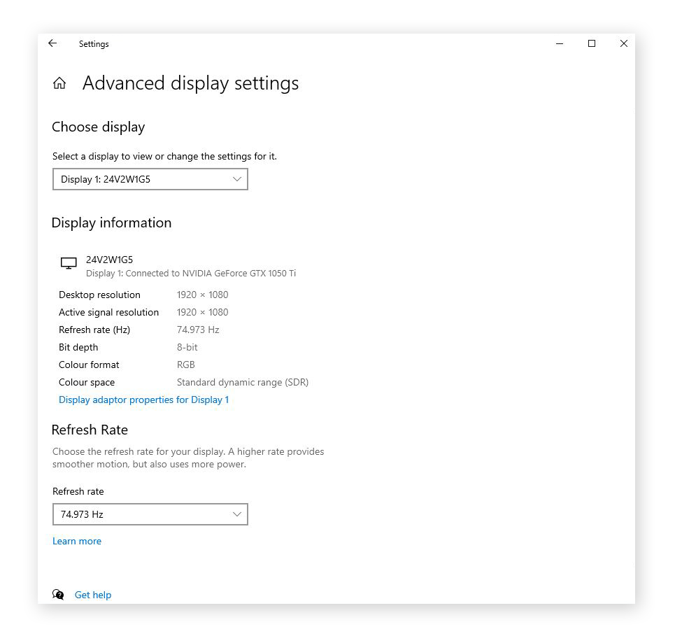 The Advanced display settings window detailing installed graphics card, refresh rate, and desktop resolution.