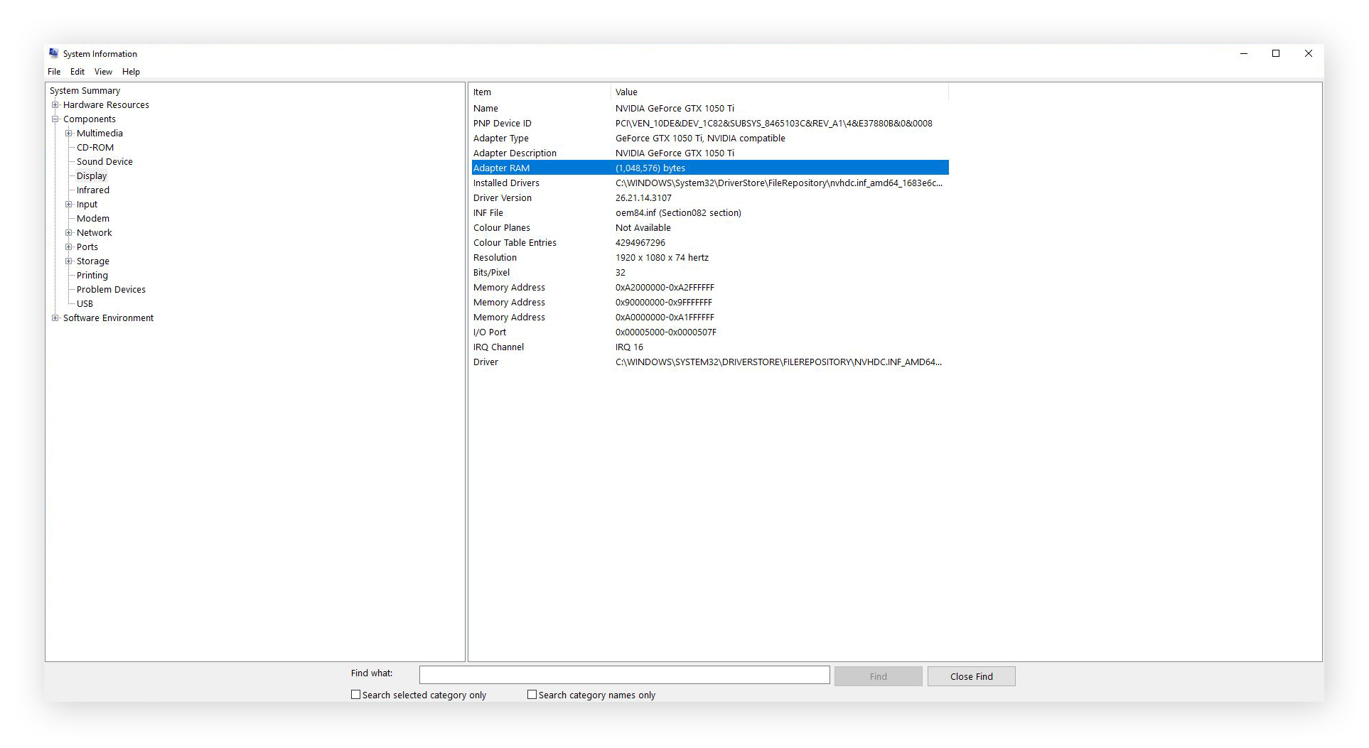 Full details of my graphics card listed within the Display summary of Windows System Information.