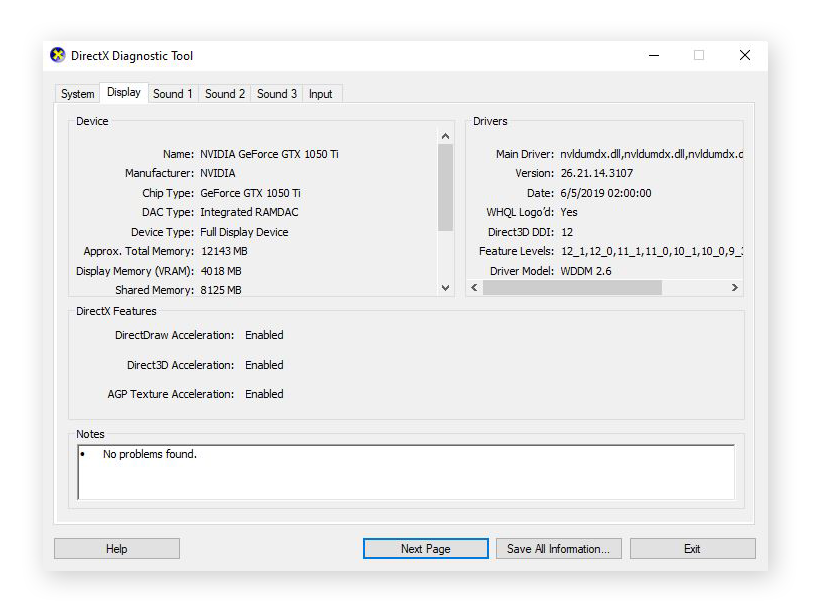 The DirectX Diagnostic Tool showing software driver and graphics hardware details, including video RAM and GPU chip type.