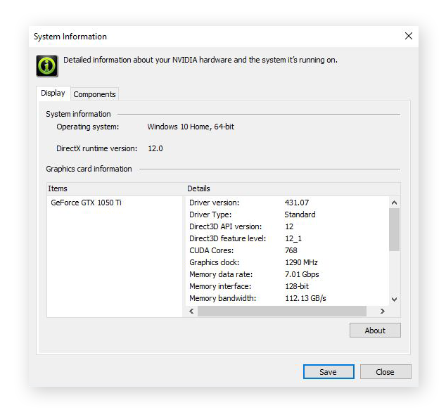 NVIDIA drivers auto-detected by the NVIDIA Control Panel, alongside details of the NVIDIA display driver.