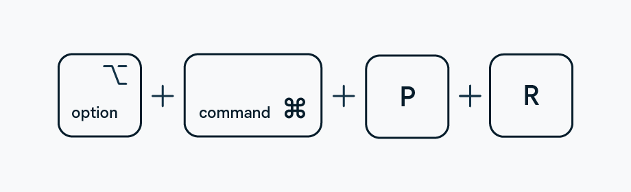 Para redefinir a PRAM ou a NVRAM no Mac, pressione as teclas Option, Command, P e R no teclado.