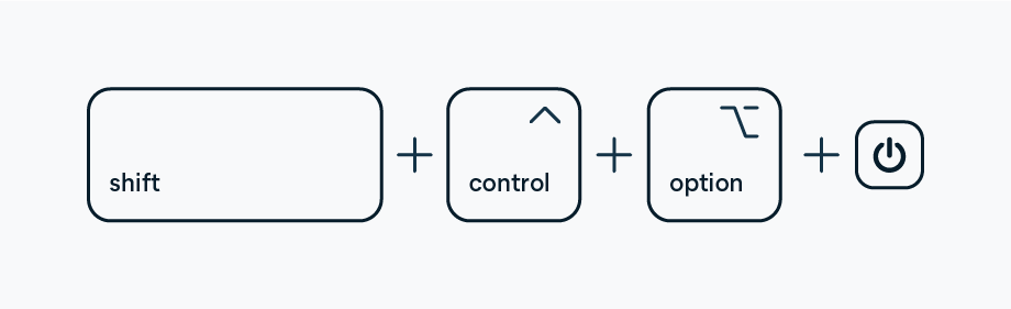 Para redefinir o SMC em Mac mais antigos (anteriores a 2018), pressione e mantenha Shift, Control e Option pressionados no lado esquerdo do teclado. Ao mesmo tempo, pressione o botão liga/desliga.