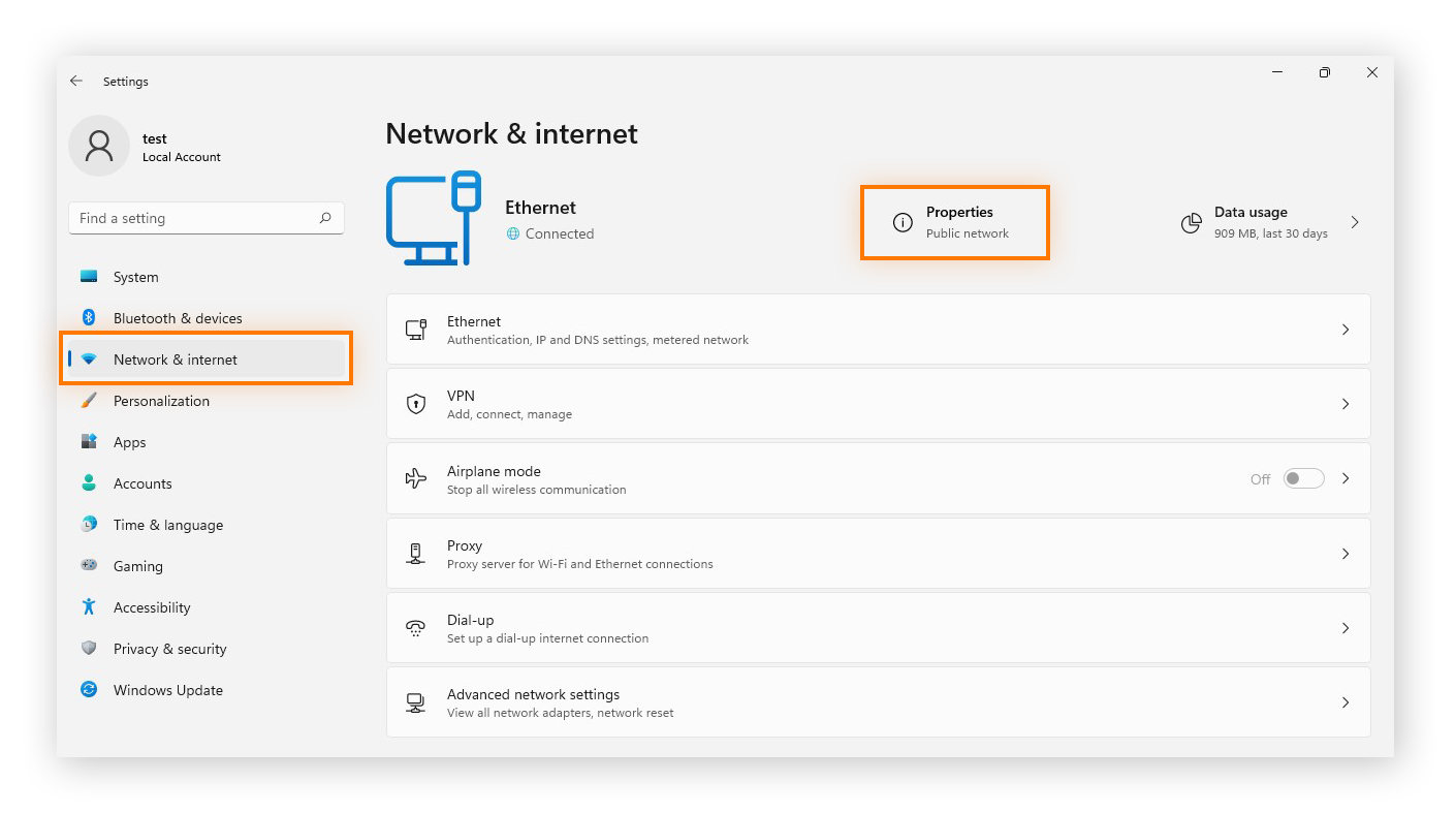 Finding your Network & Internet properties in Windows