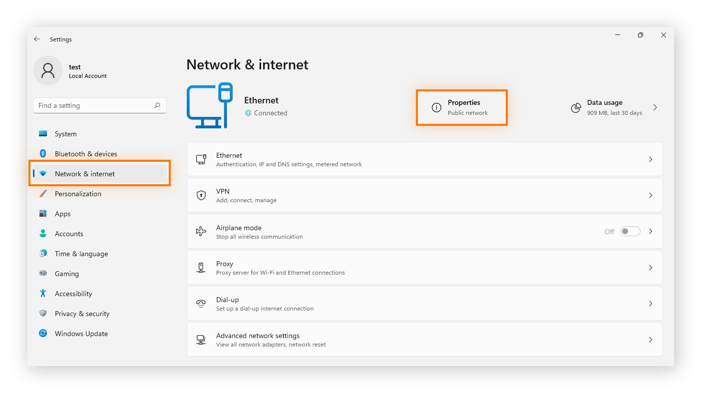 Buscar las propiedades de Red e Internet en Windows