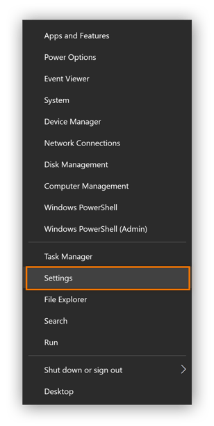 Um Ihre lokale IP-Adresse unter Windows 10 zu sehen, klicken Sie zunächst mit der rechten Maustaste auf das Windows-Symbol und wählen Sie „Einstellungen“.
