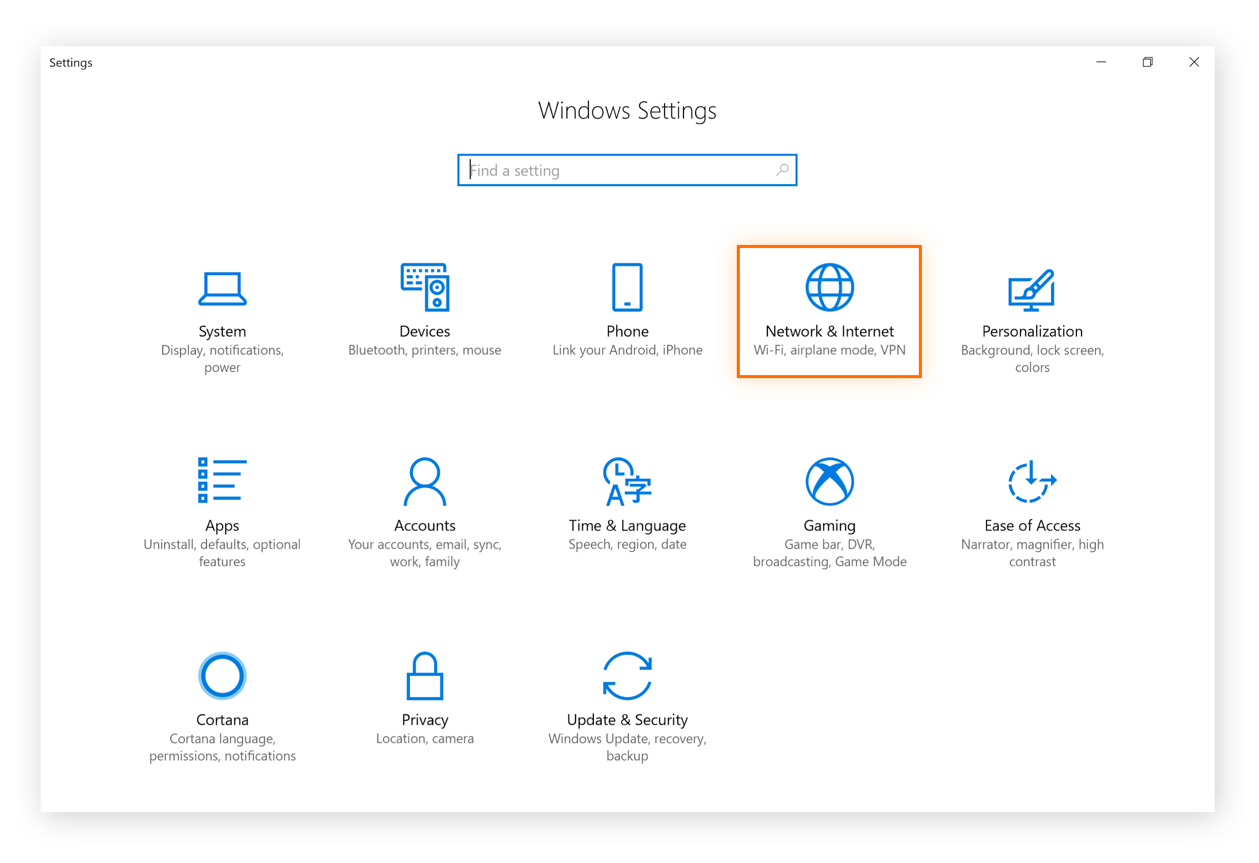 In the Windows 10 Setting screen, click on the Network & Internet icon to see your local IP address