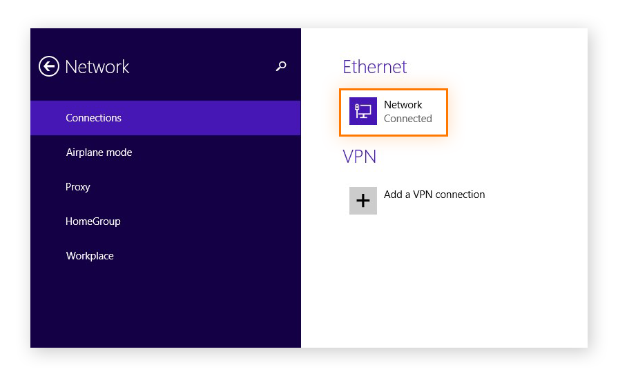 Opening the network settings in Windows 8