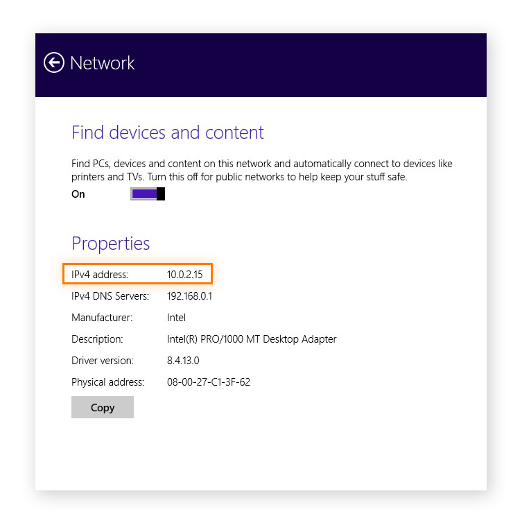Localizando o endereço IP no Windows 8
