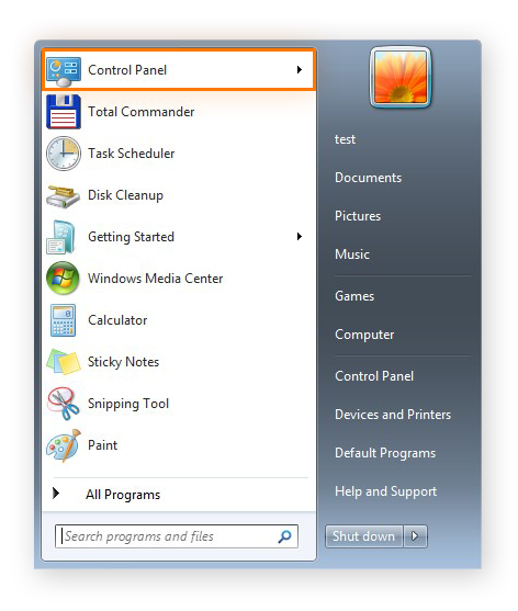 Opening the Control Panel from the Start menu in Windows 7