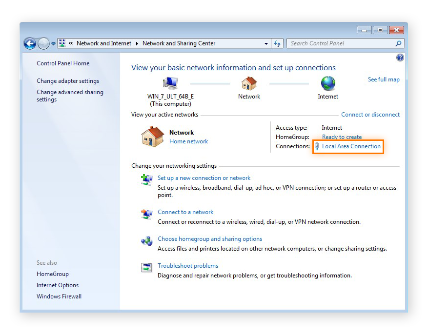 Abrindo as informações de Conexão de Área Local na Central de Rede e Compartilhamento no Windows 7