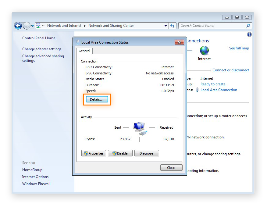 Viewing Local Area Connection Status in Windows 7