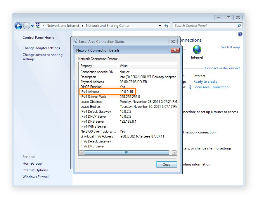 Affichage des détails sur le réseau local dans Windows 7