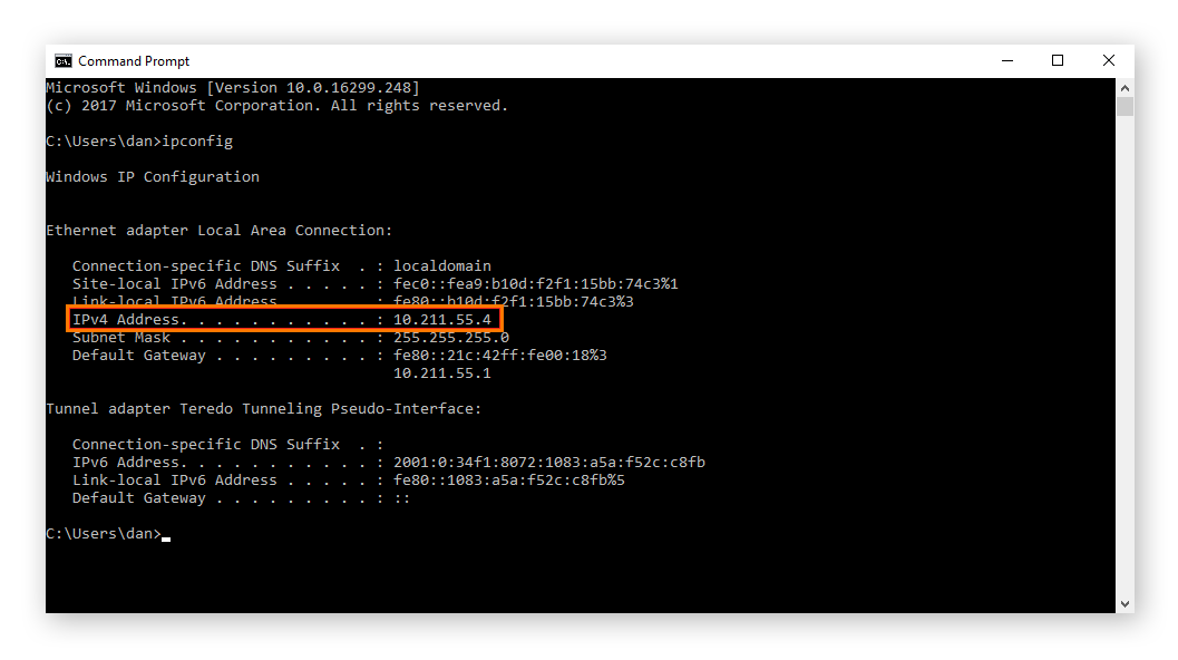 Introducir «ipconfig» en una pantalla del Símbolo del sistema de Windows muestra varios parámetros de red, incluida su dirección IP local.