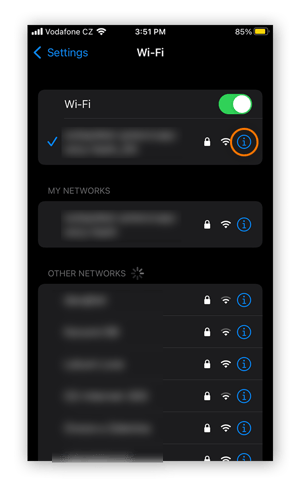 The Wi-Fi settings in iOS