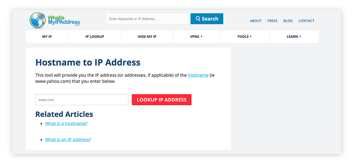 Using a web-based IP address lookup tool to find an IP address