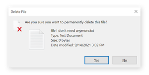 bekræftelsesvinduet til permanent sletning af filen kaldet fil jeg behøver ikke længere