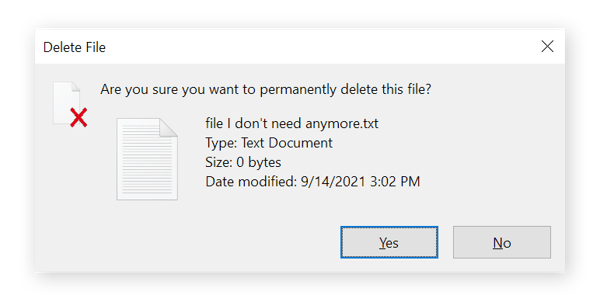 A janela de confirmação para excluir permanentemente o arquivo chamado “arquivo de que não preciso mais”