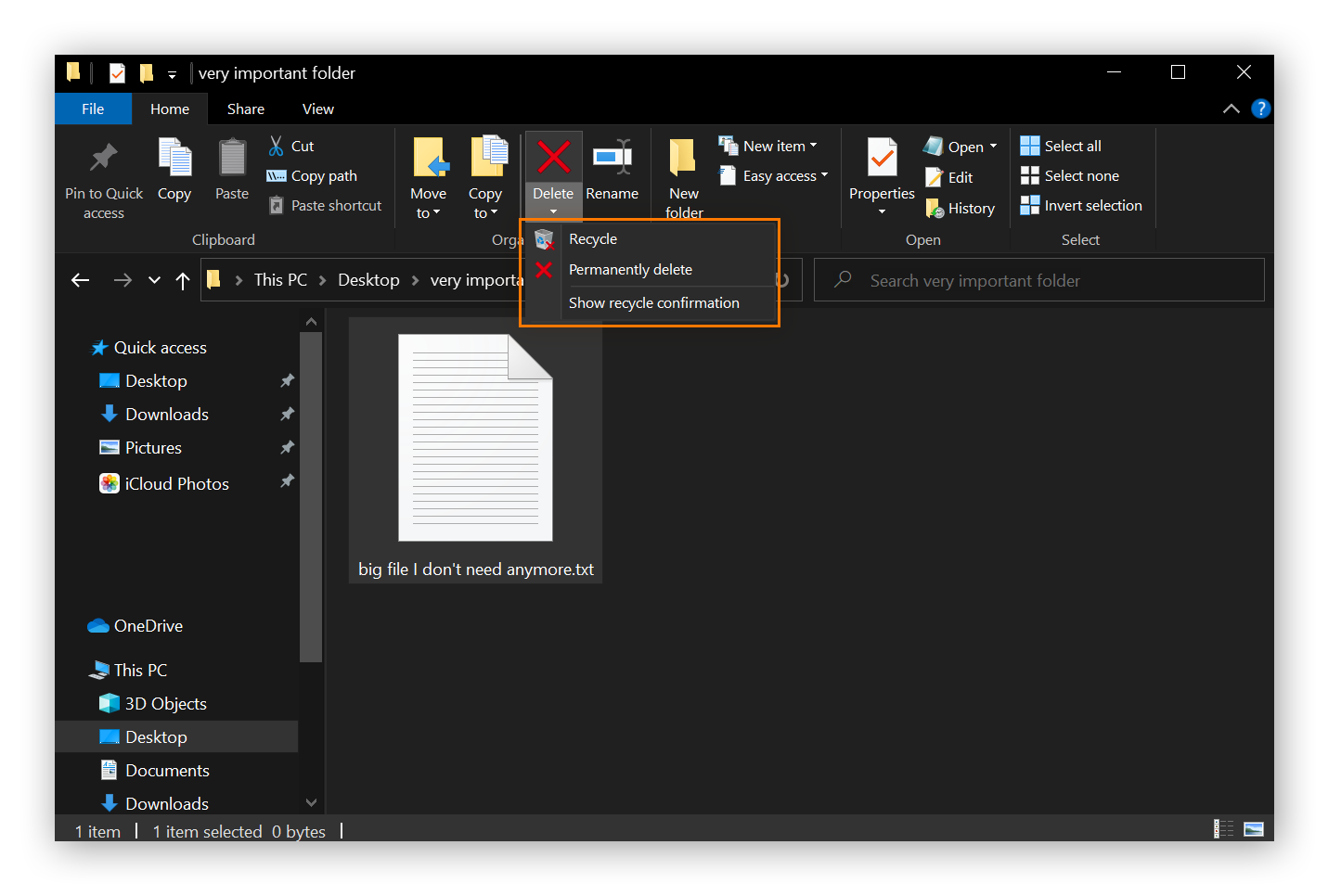A screenshot of a file about to be deleted using File Explorer ribbon. Two options are shown: Recycle, and permanently delete.
