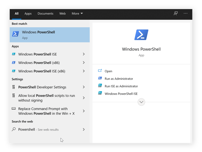 een afbeelding van het menu start wanneer Powershell erin wordt getypt