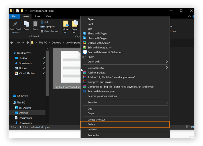een bestand wordt met de rechtermuisknop geklikt en de optie "Verwijderen" wordt omcirkeld.