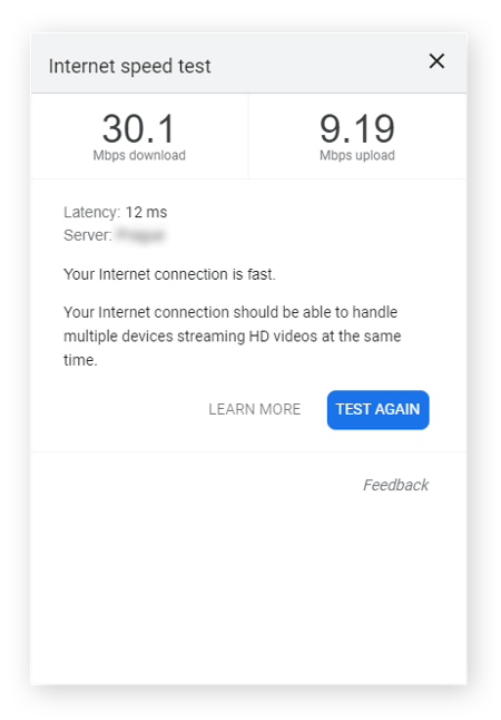 Testing internet download and upload speeds with Google's speed test tool
