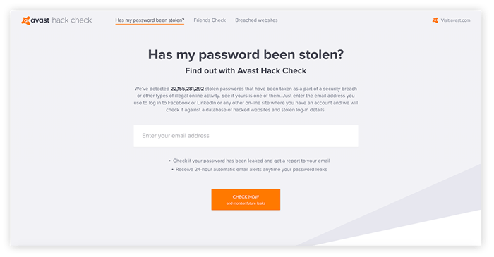 Avast Hack Check é uma ferramenta gratuita para verificar se seus dados pessoais foram expostos.
