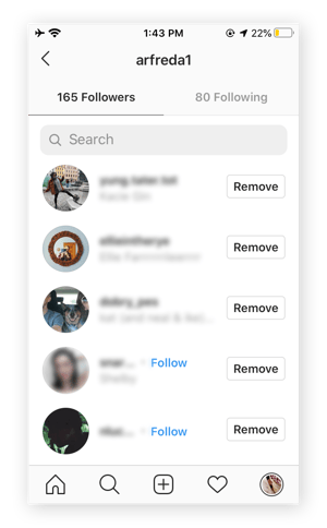 A screenshot of an Instagram user looking at their followers list. Next to each follower is a button that says “Remove.”