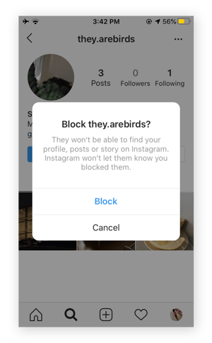 Screenshot of the confirmation screen for blocking a user.