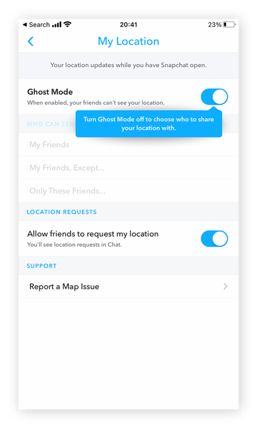 Toggle Ghost Mode on when you don't want Snapchat to share your location