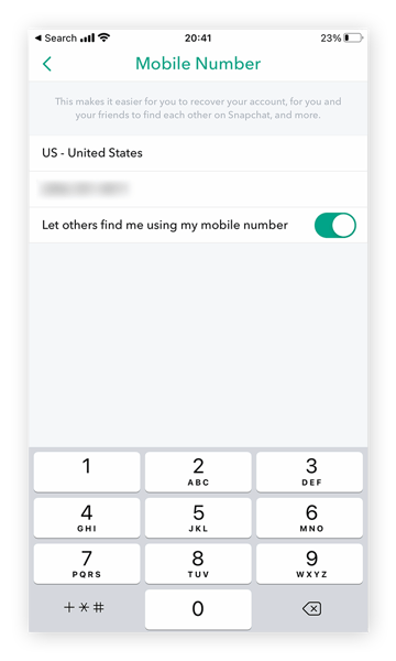 Under your mobile number, you can toggle whether or not you want other Snapchat users to be able to find you by your number.