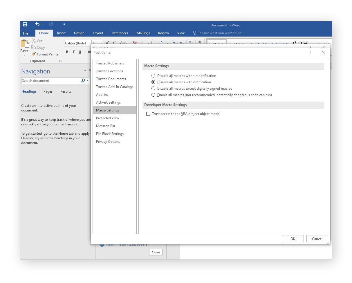 Configuring the Macro Settings in Microsoft Office Word