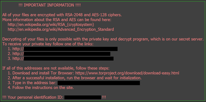 A ransom note shown by Locky Ransomware on a Windows comput
