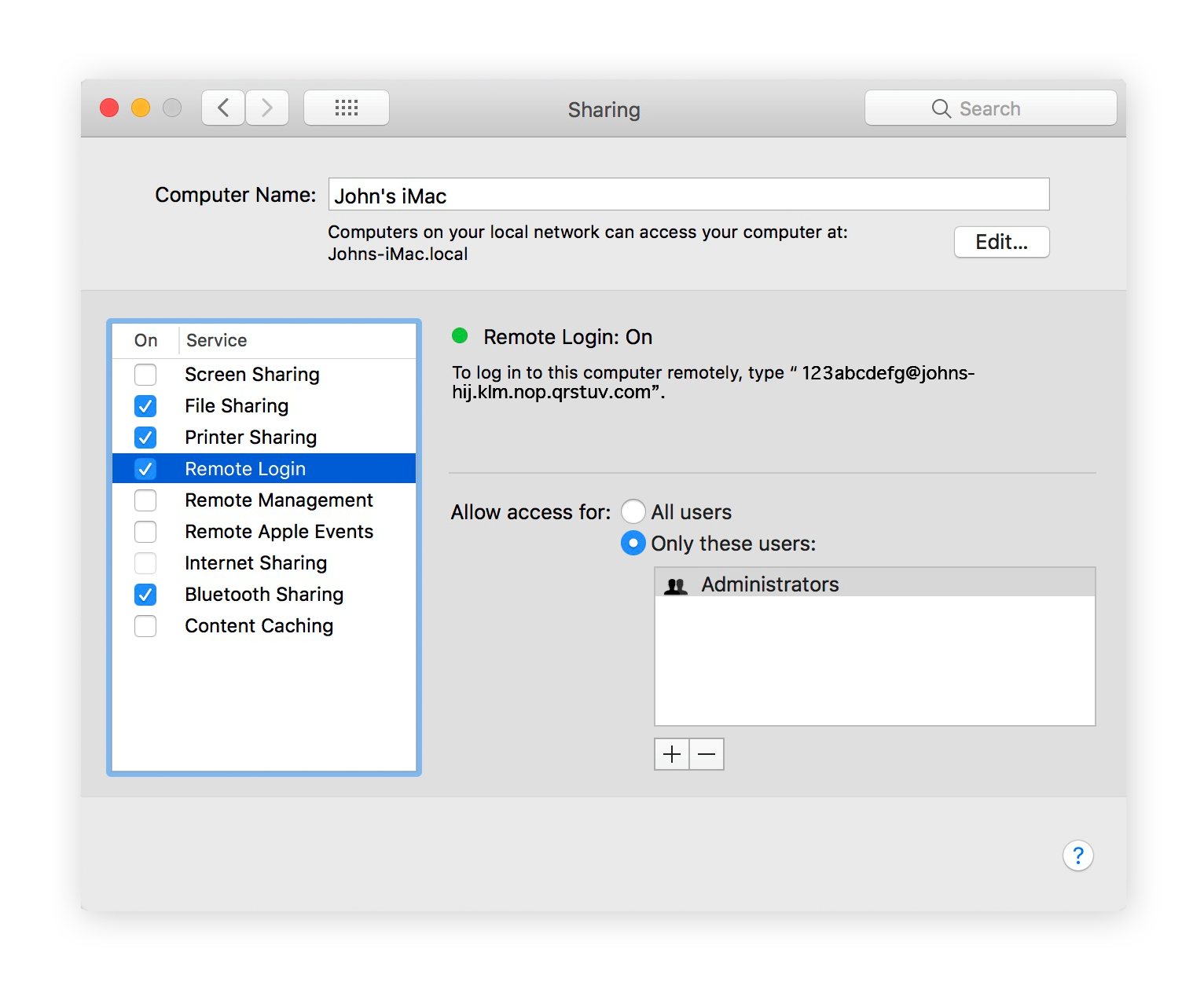 Das Menü „Freigaben“ in den Systemeinstellungen unter macOS