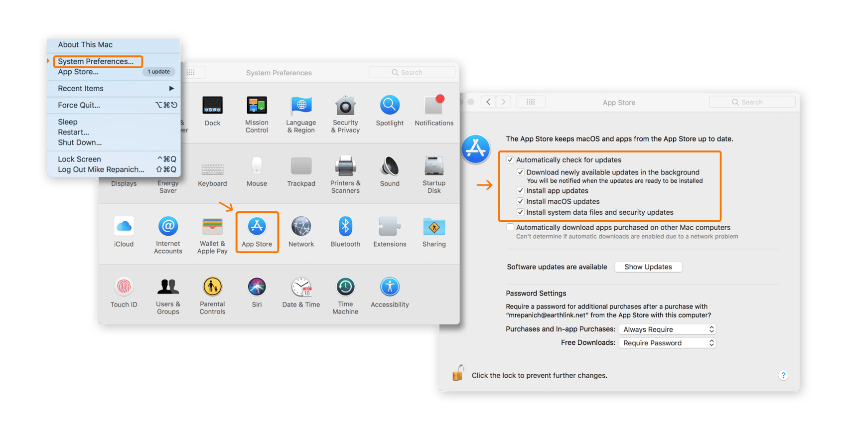 Festlegen der App Store-Einstellungen, damit immer nach Updates gesucht wird, in den Systemeinstellungen unter macOS.