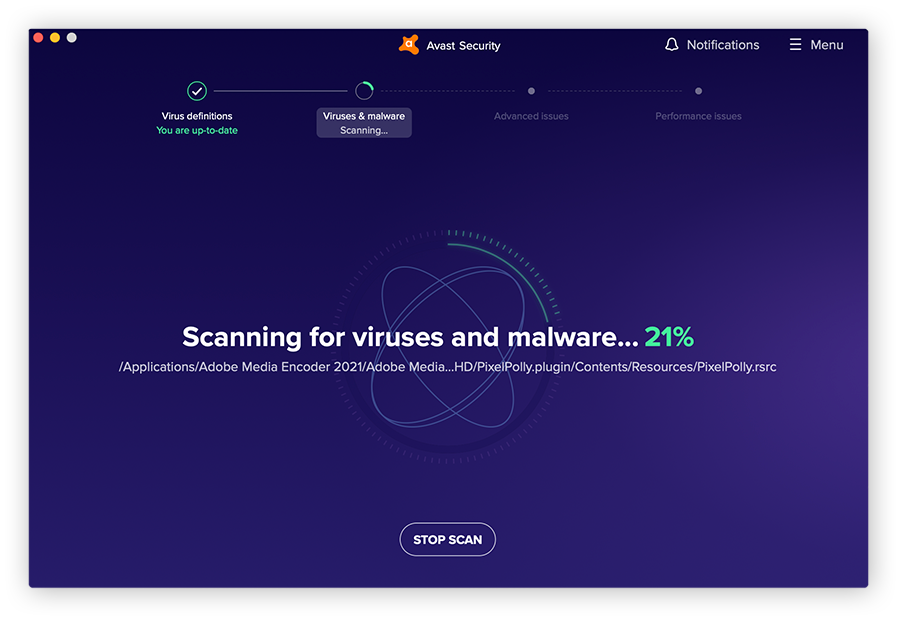 Ausführung eines Malware-Scans in Avast Free Antivirus für macOS