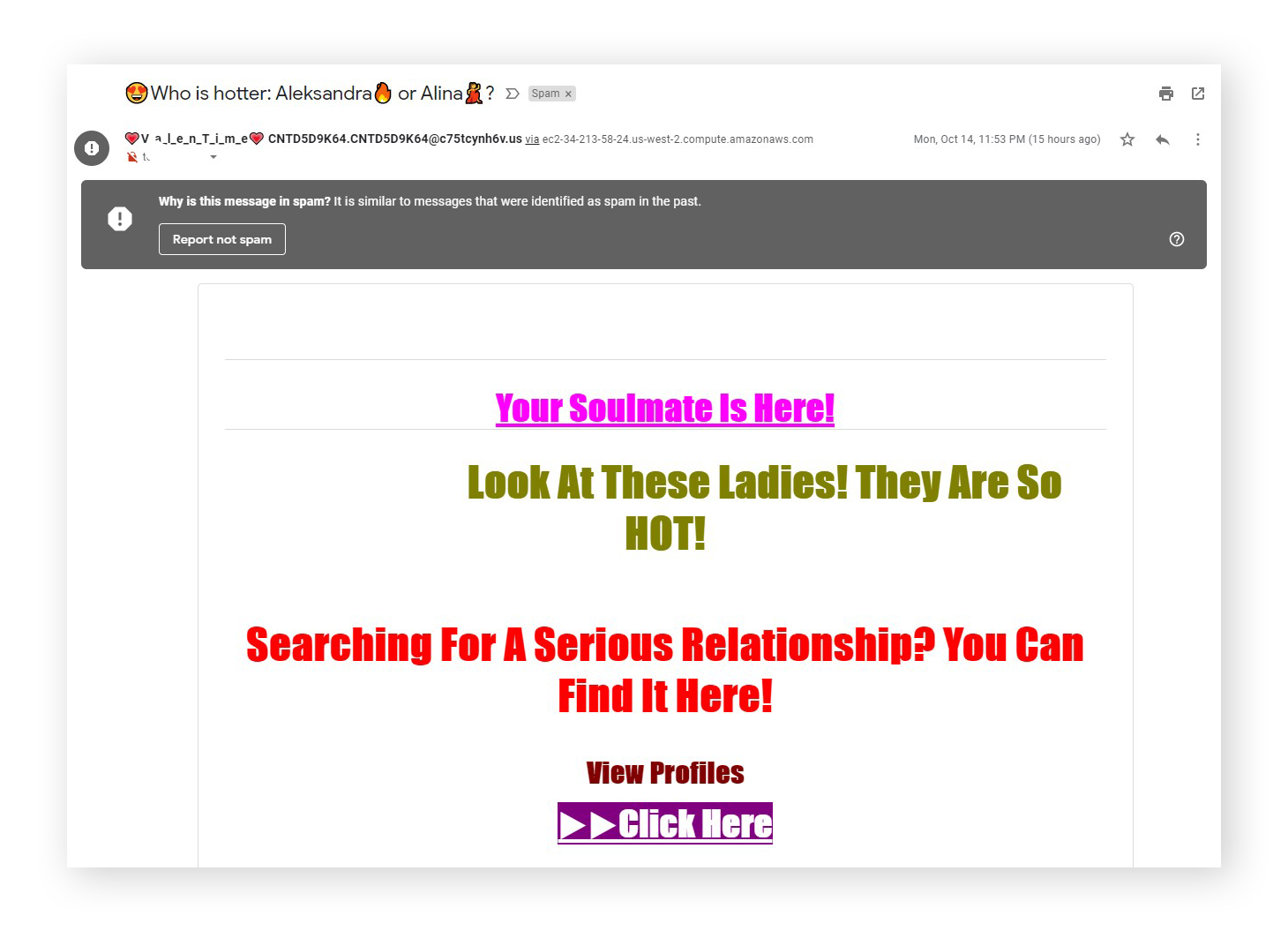 Beispiel einer Spam-E-Mail, die für einen Online-Dating-Dienst wirbt