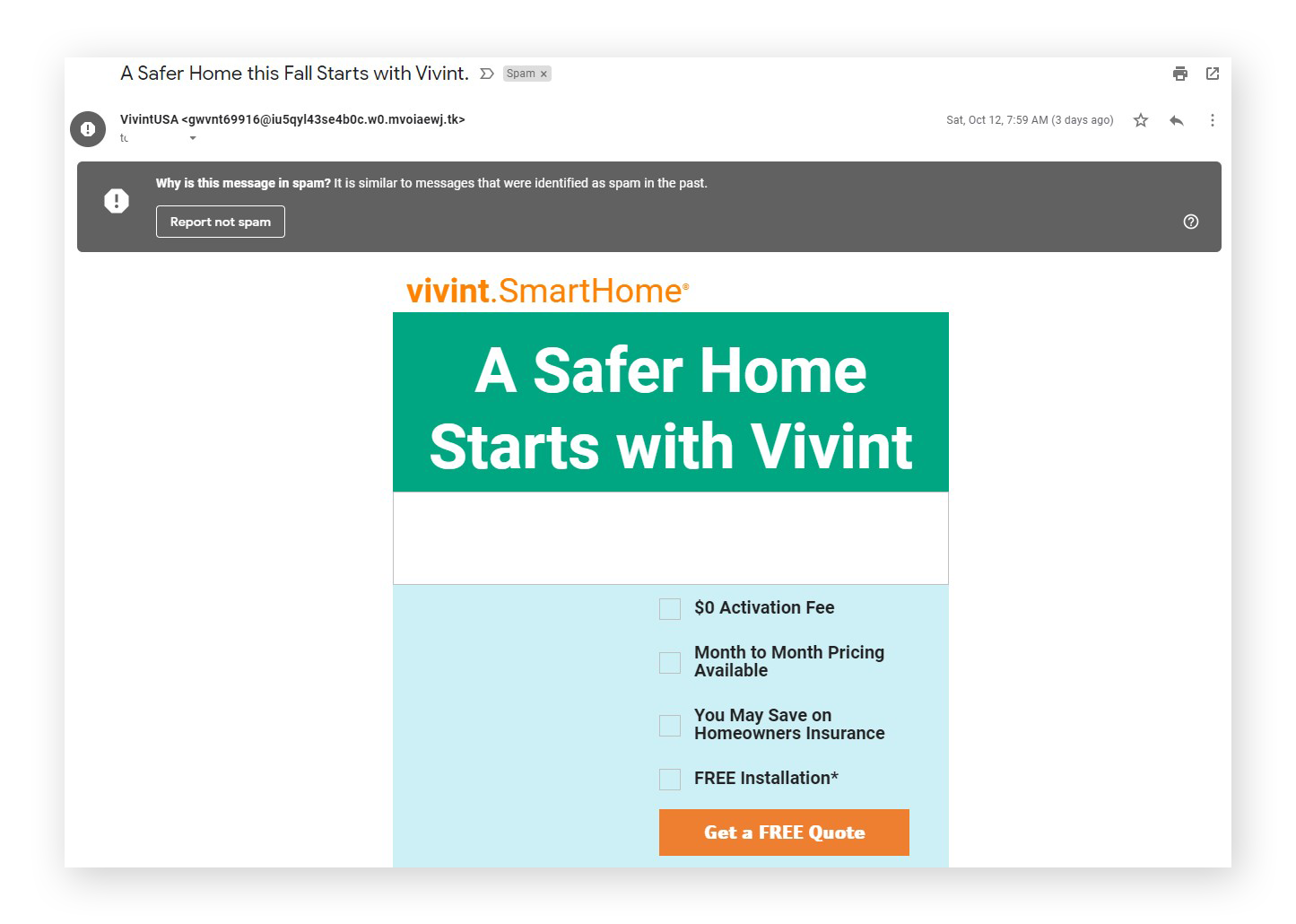 Example of a spam email promoting a smart home security solution