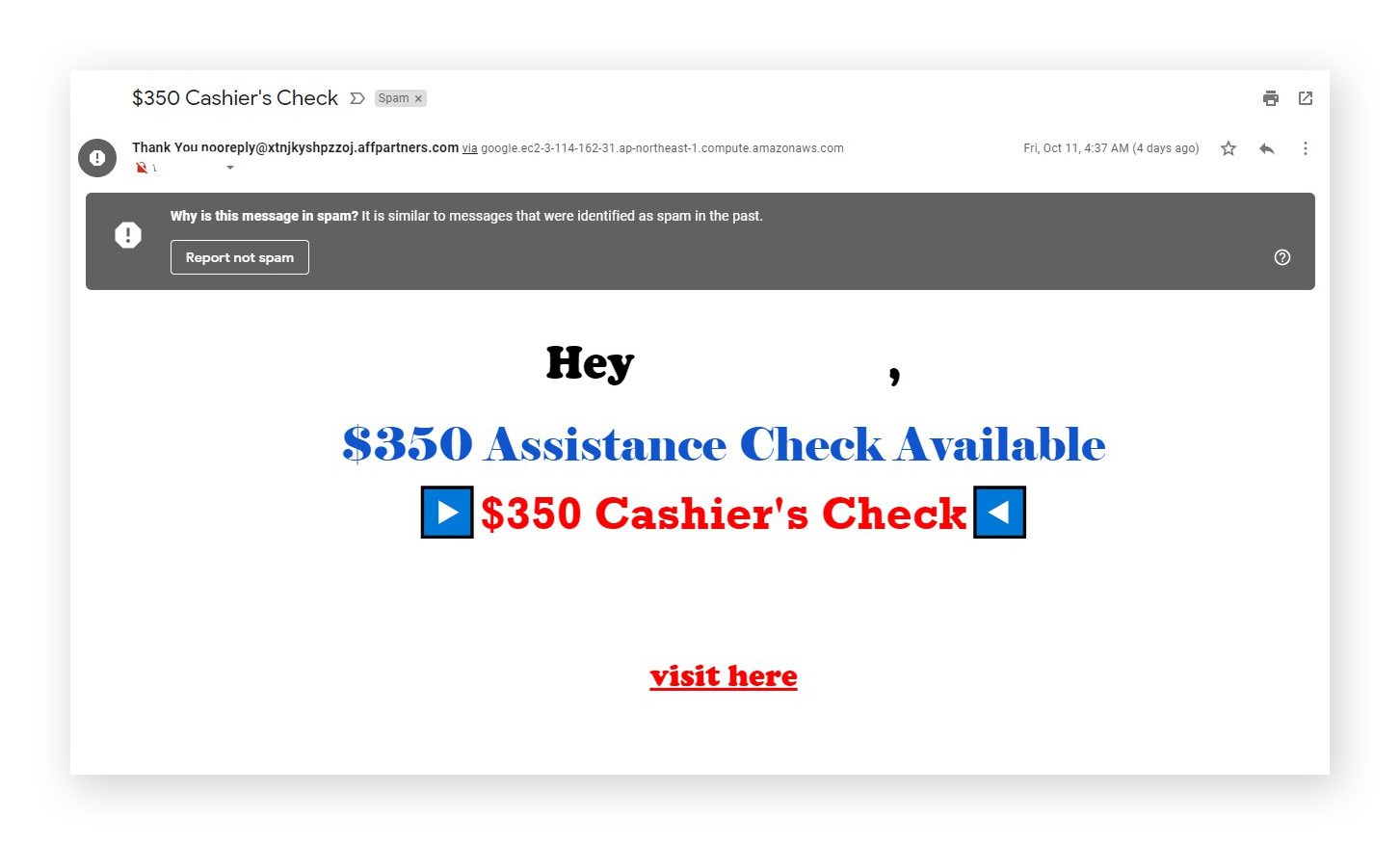 Example of a spam email offering a financial assistance check