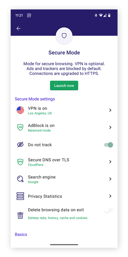 O Avast Secure Browser possui uma Central de Segurança e Privacidade para gerenciar opções como VPN, bloqueadores de anúncios e rastreadores e muito mais.