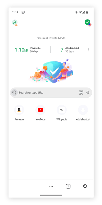 Avast Secure Browser para Android com barra de pesquisa e novos ícones de guia.