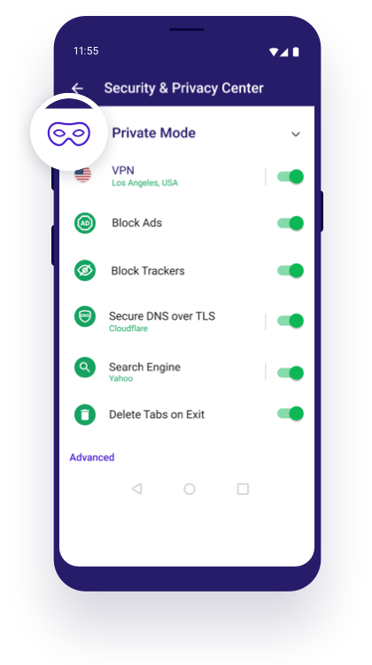 O Avast Secure Browser possui uma Central de Segurança e Privacidade para gerenciar opções como VPN, bloqueadores de anúncios e rastreadores e muito mais.