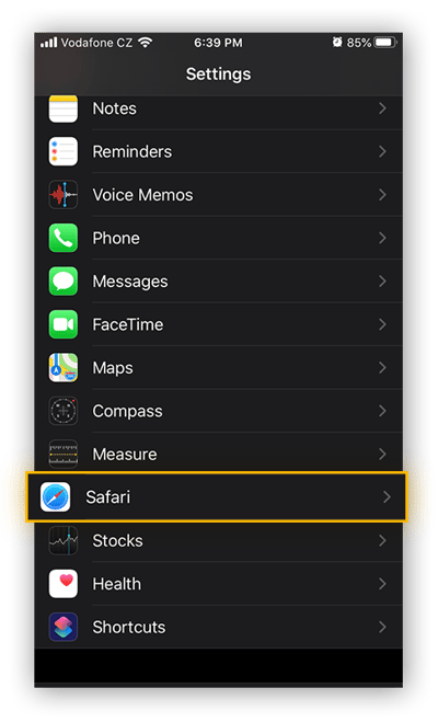 Opening the Safari settings from the Settings app on iOS