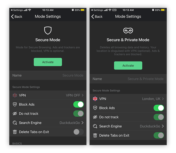 Avast Secure Browser propose deux modes de navigation pour accéder facilement à une variété de fonctionnalités de sécurité et de confidentialité.
