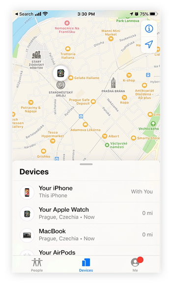 Locating a lost or stolen iPhone, Apple Watch, or AirPods with Find My iPhone.