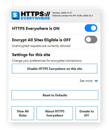 The user interface for the HTTPS Everywhere Chrome extension on Windows 10