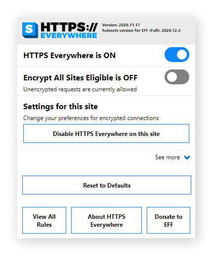 The user interface for the HTTPS Everywhere Chrome extension on Windows 10