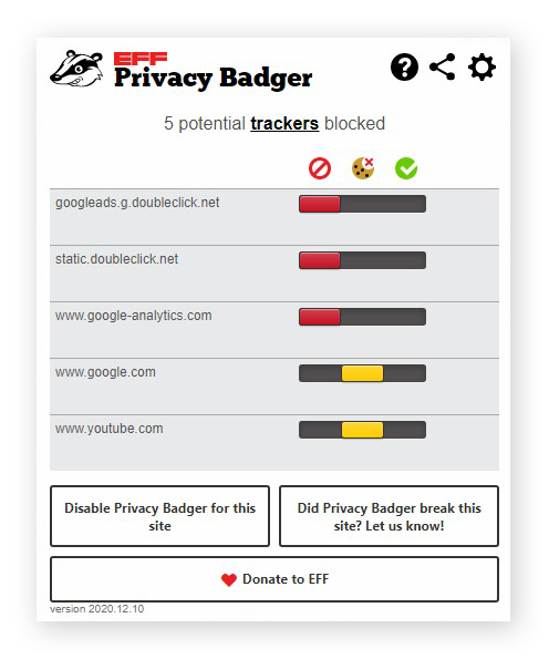 The user interface for the Privacy Badger Chrome extension in Windows 10