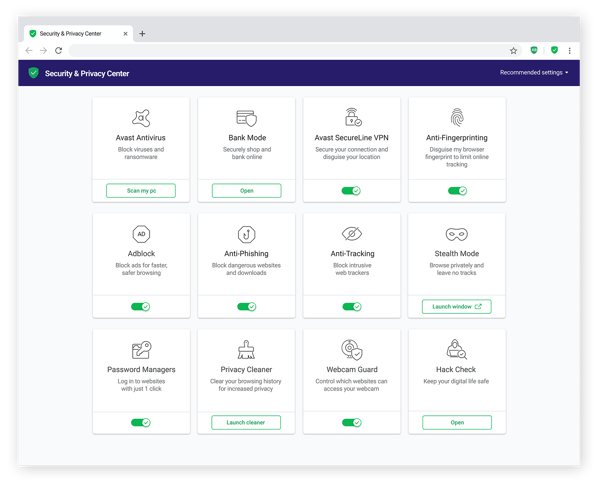 Avast Secure Browser's privacy & security center, showing the many advanced privacy features available.