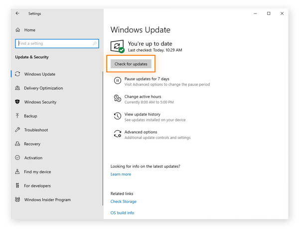 Checking for updates using Windows Update for Windows 10