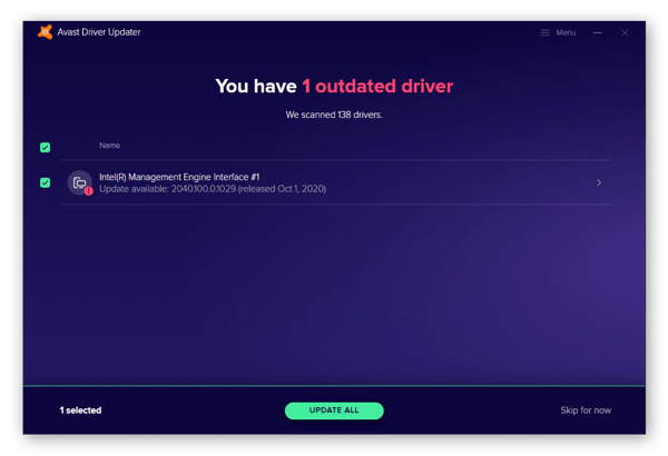A list of outdated drivers as detected by Avast Driver Updater for Windows 10